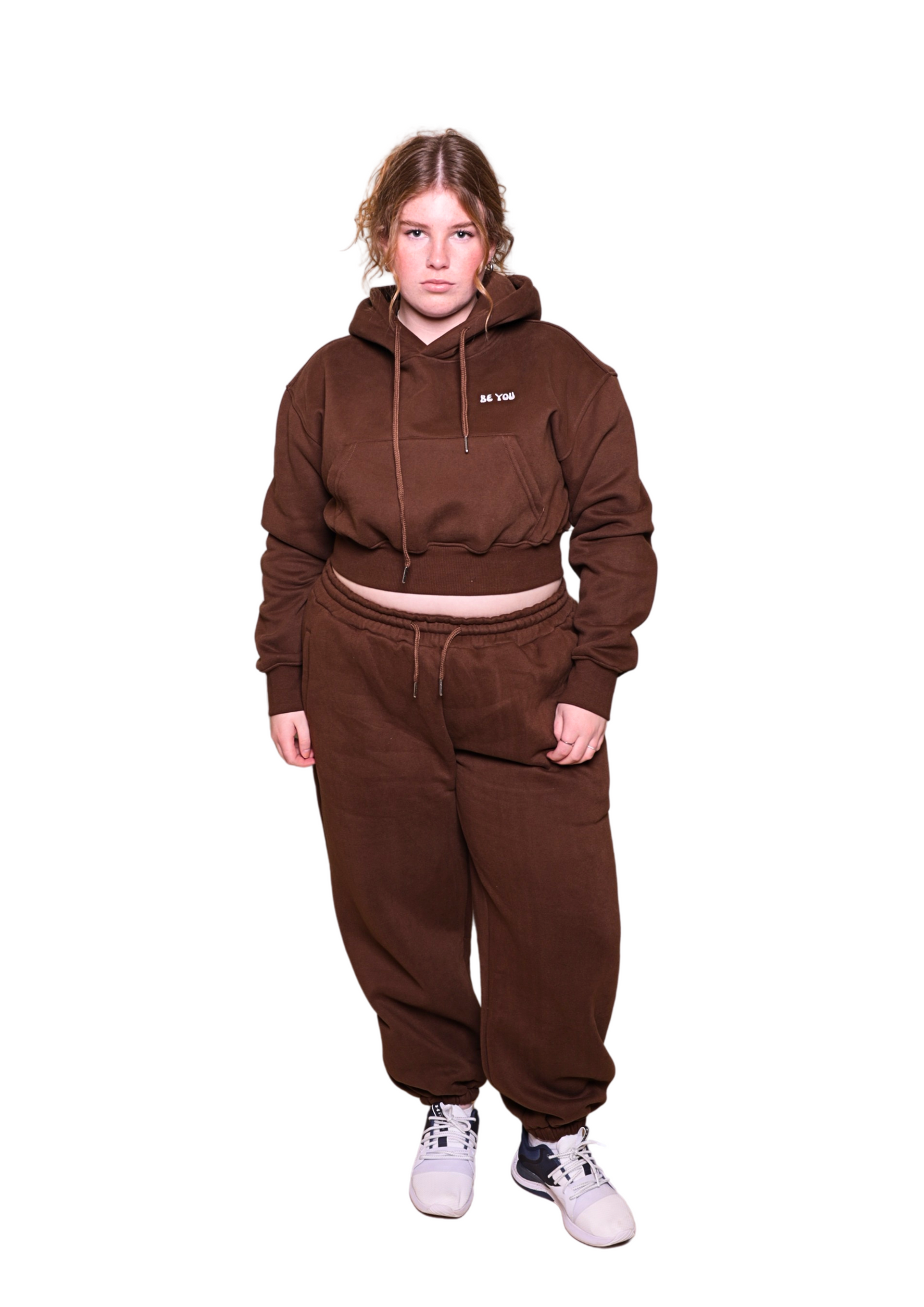 Brown Heavy Cropped pullover Hoodie Jogger Set