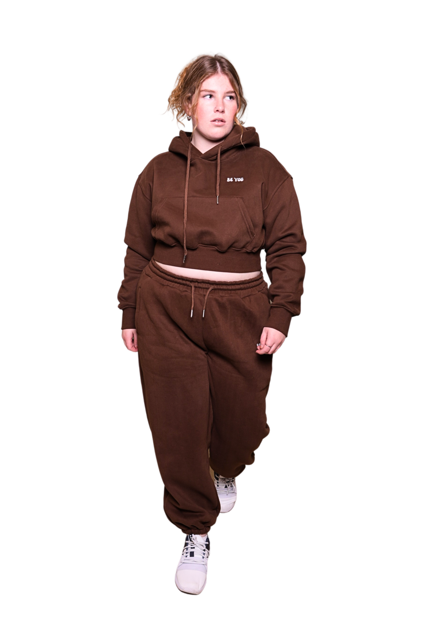 Brown Heavy Cropped pullover Hoodie Jogger Set