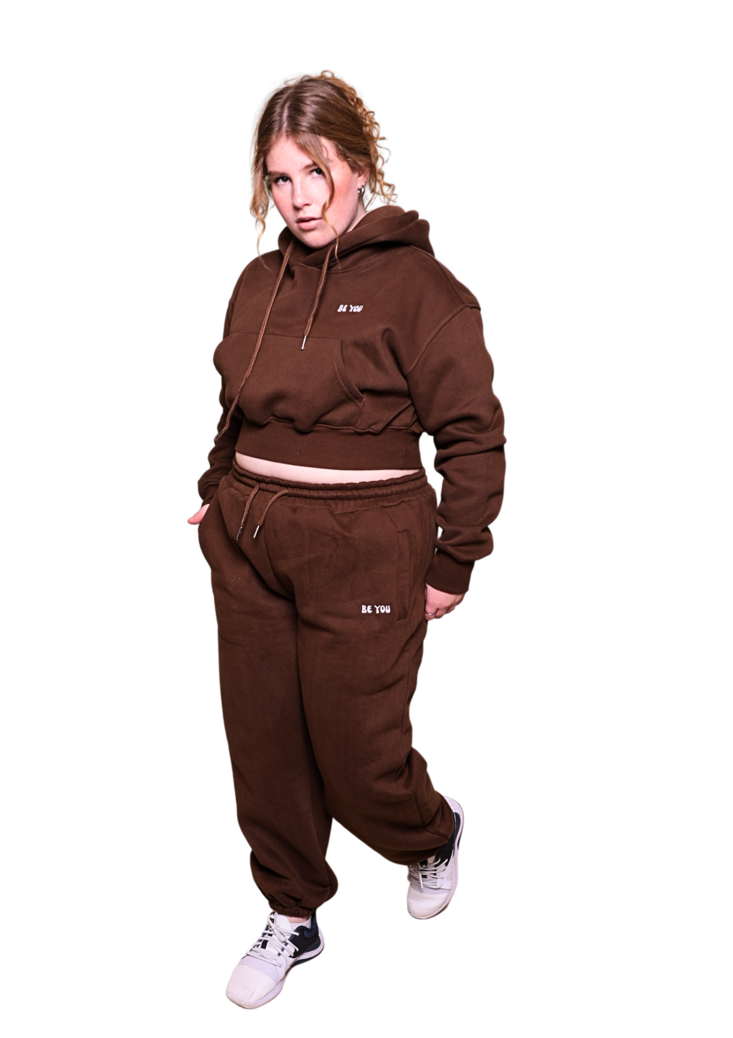 Brown Heavy Cropped pullover Hoodie Jogger Set