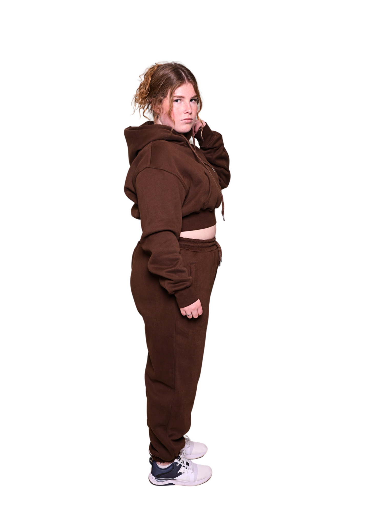 Brown Heavy Cropped pullover Hoodie Jogger Set