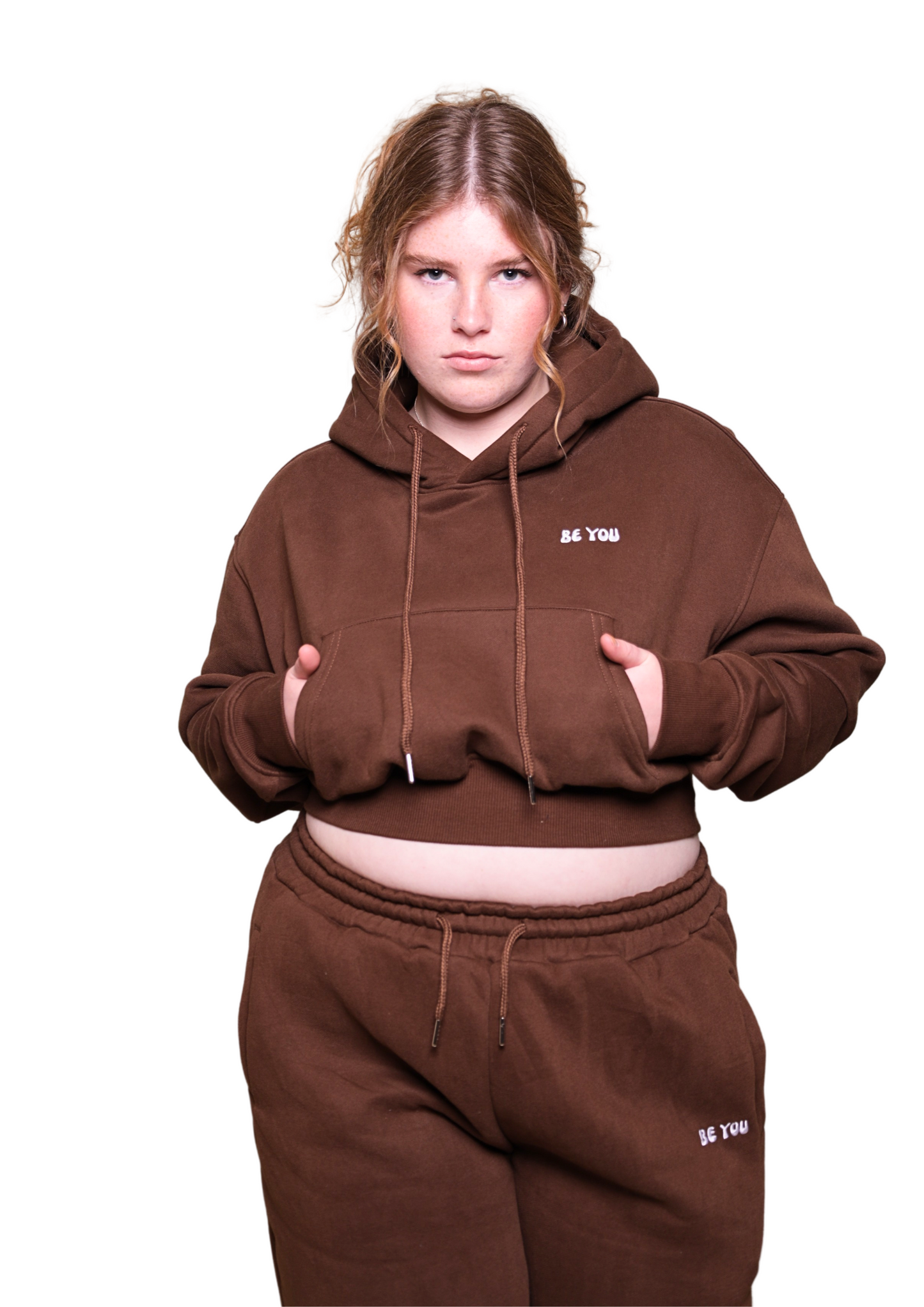Brown Heavy Cropped pullover Hoodie Jogger Set