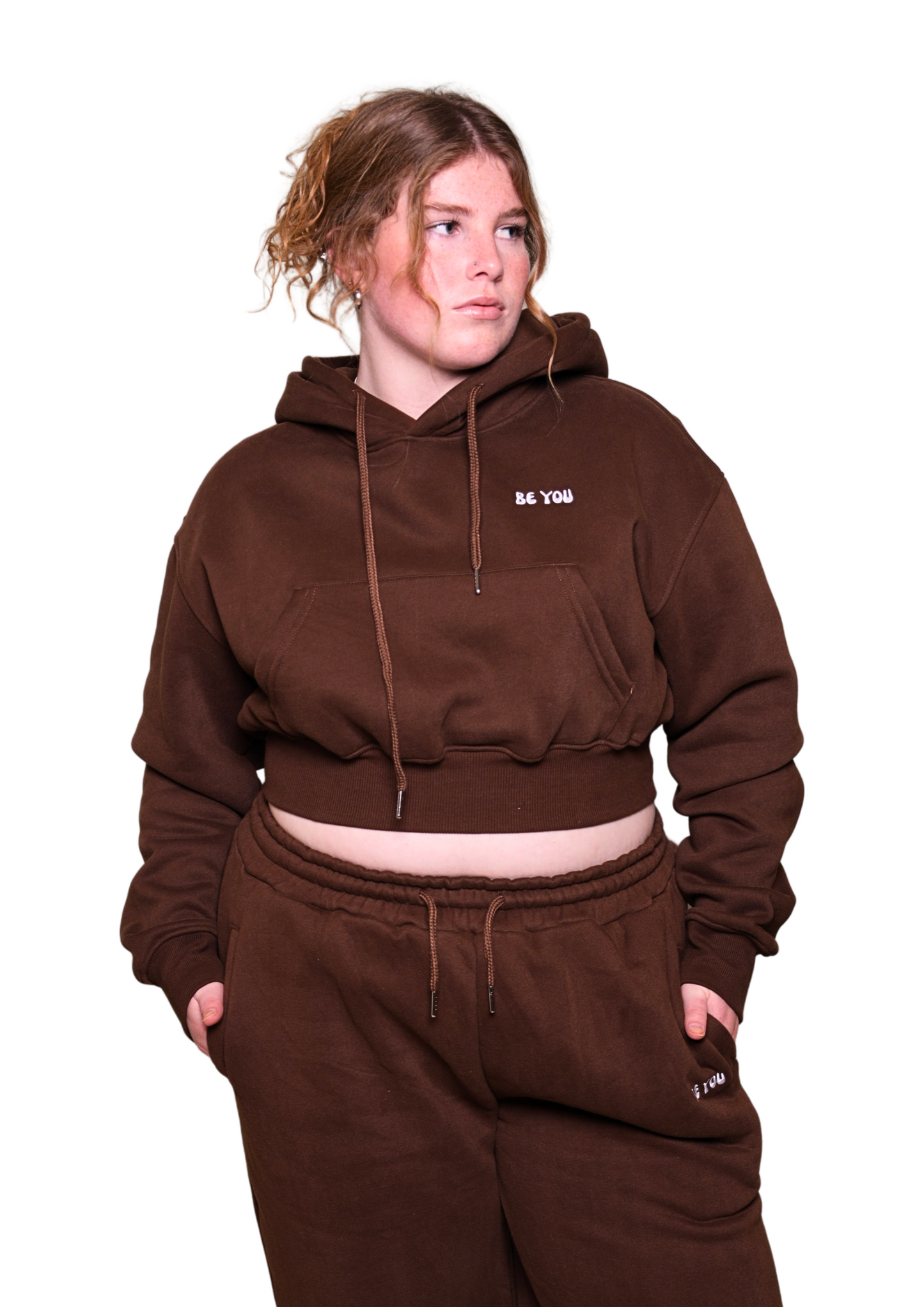 Brown Heavy Cropped pullover Hoodie Jogger Set