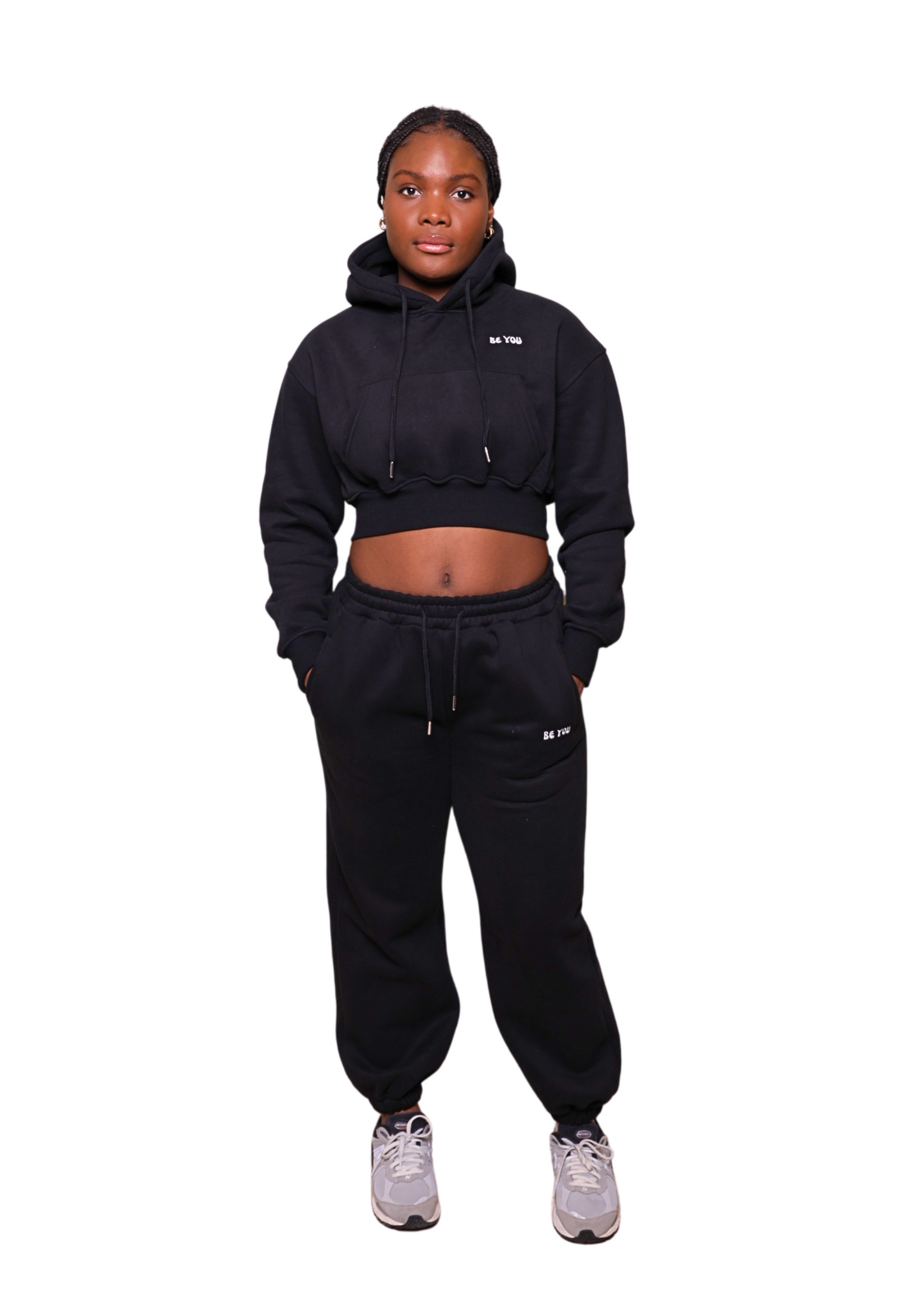 Black Heavy Cropped pullover Hoodie Jogger Set