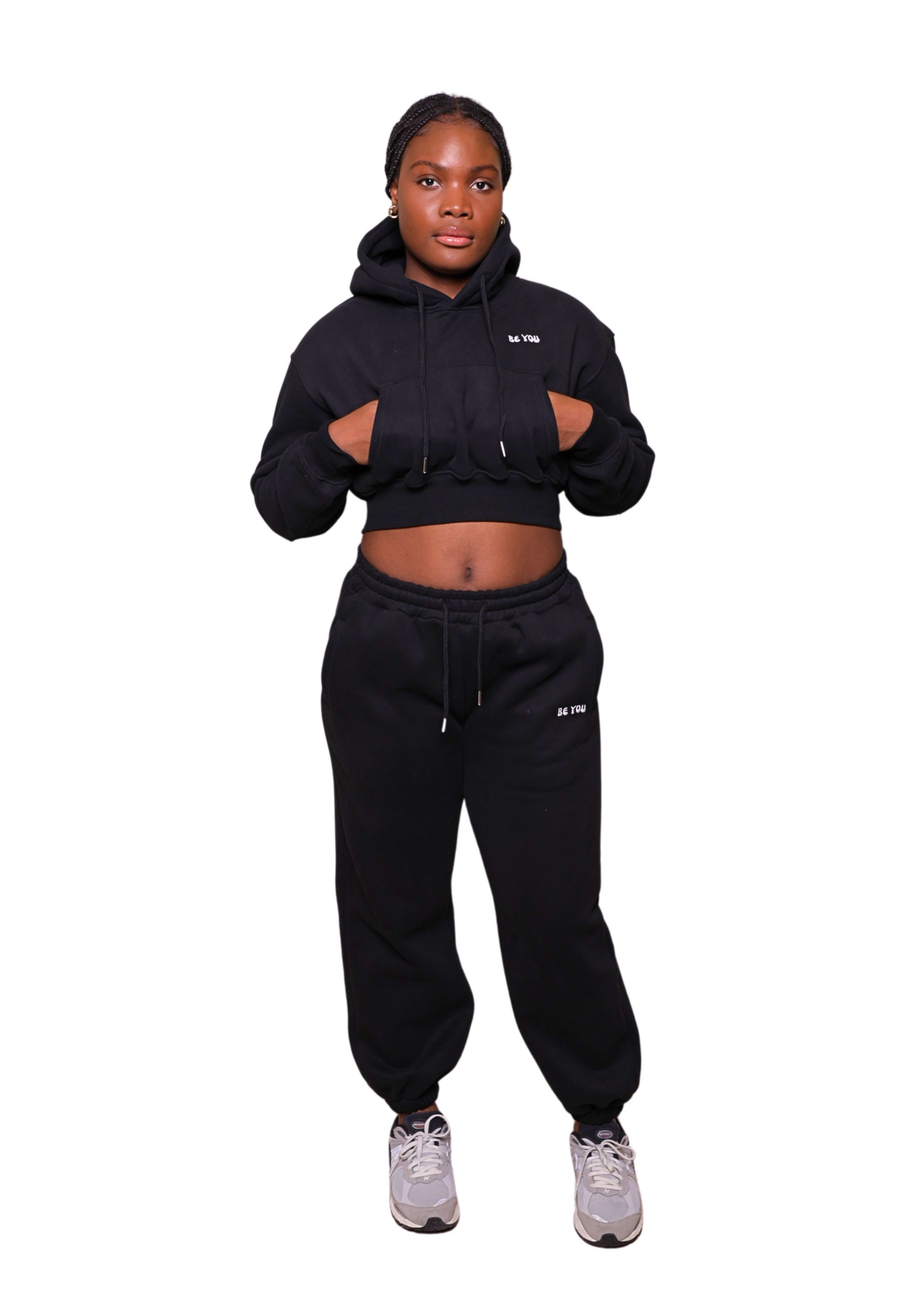 Black Heavy Cropped pullover Hoodie Jogger Set
