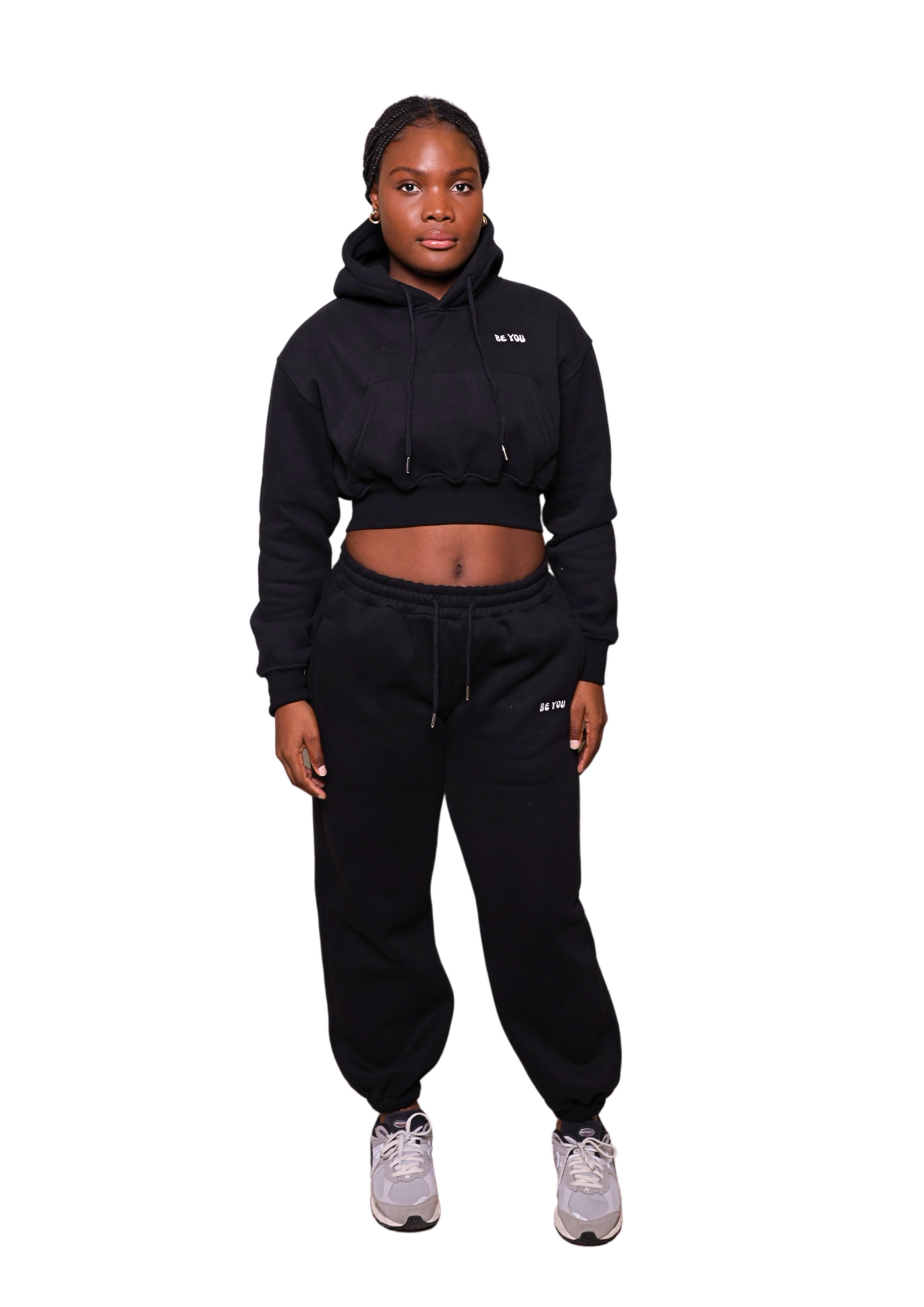Black Heavy Cropped pullover Hoodie Jogger Set