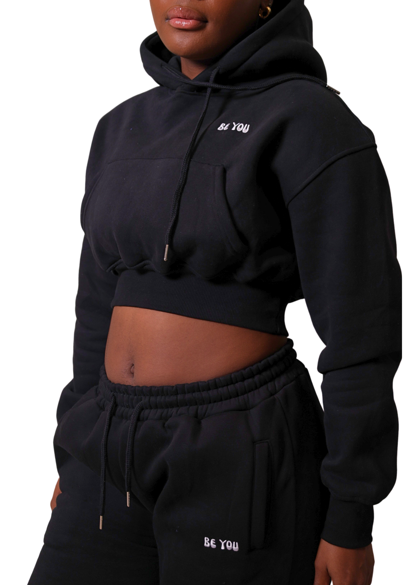 Black Heavy Cropped pullover Hoodie Jogger Set