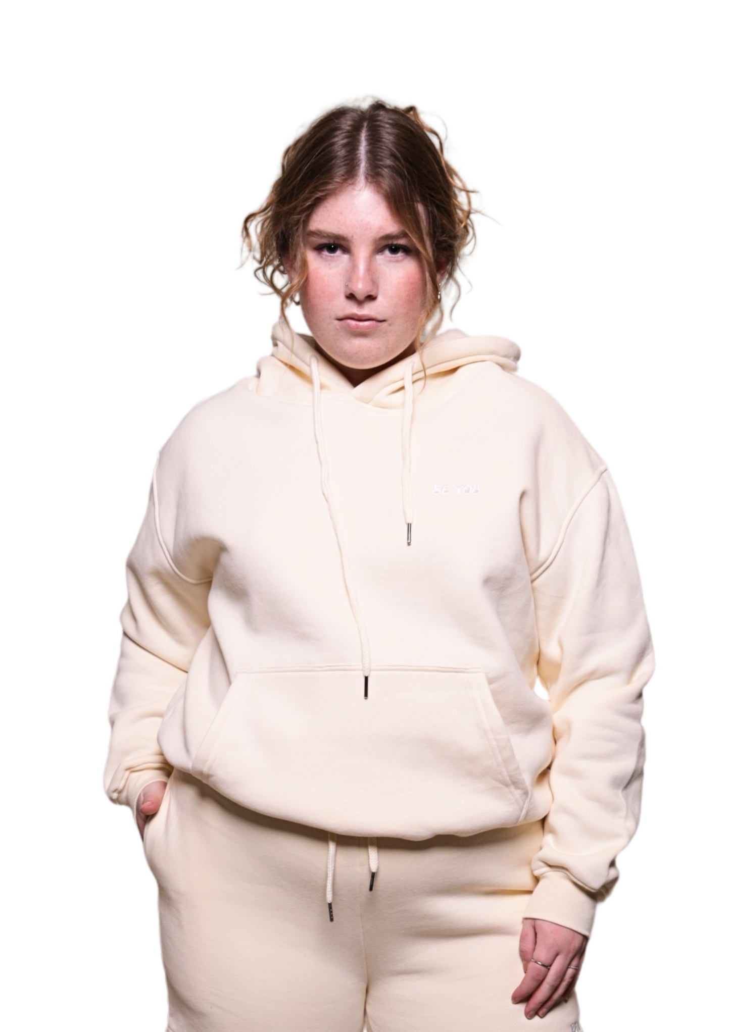 Unisex Beige Heavy pullover Hoodie with drawstring