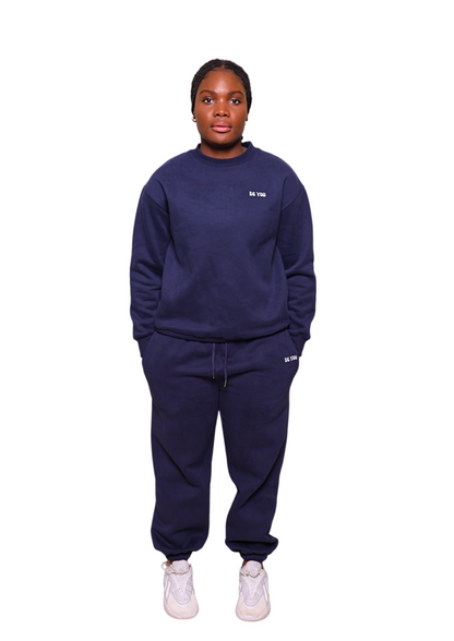 Unisex Dark Blue Crew Neck Heavy Sweatshirt Jogger Set
